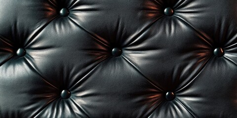 Fototapeta premium Black leather texture with deep button tufting in glossy black fills the entire frame creating a rich, elegant surface pattern.