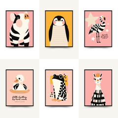 Abstract Childrens Room posters template with animals. Modern trendy Kids minimal style. Hand drawn design for wallpaper, wall decor, print, postcard, cover, template, banner.