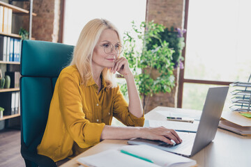 Photo of positive good mood lady specialist dressed shirt texting emails modern device indoors...