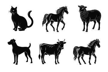 Animal silhouettes set. Domestic animals cat, dog, cow, horse, sheep, goat vector illustration