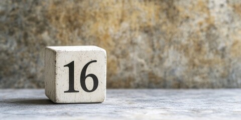 Block calendar showing the number 16 in bold black font on a textured beige background with ample gray copy space ideal for special occasions.