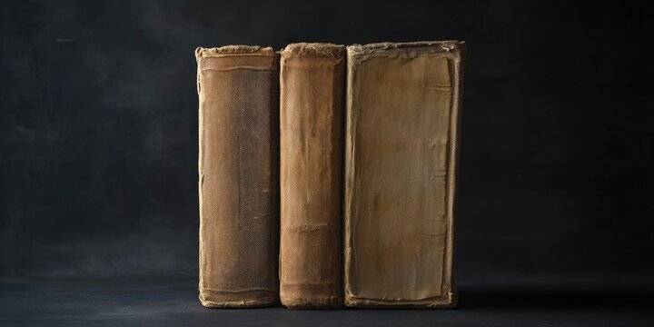 Three aged, textured books stacked centrally on a black background, showcasing a vintage aesthetic with warm beige and brown tones.