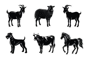 Animal silhouettes set. Domestic animals cat, dog, cow, horse, sheep, goat vector illustration