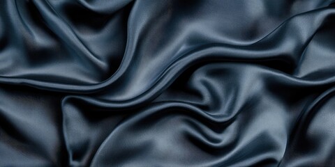 Obraz premium Elegant dark silver grey satin silk fabric texture with smooth waves and subtle sheen, flowing from left to right on a soft black background.