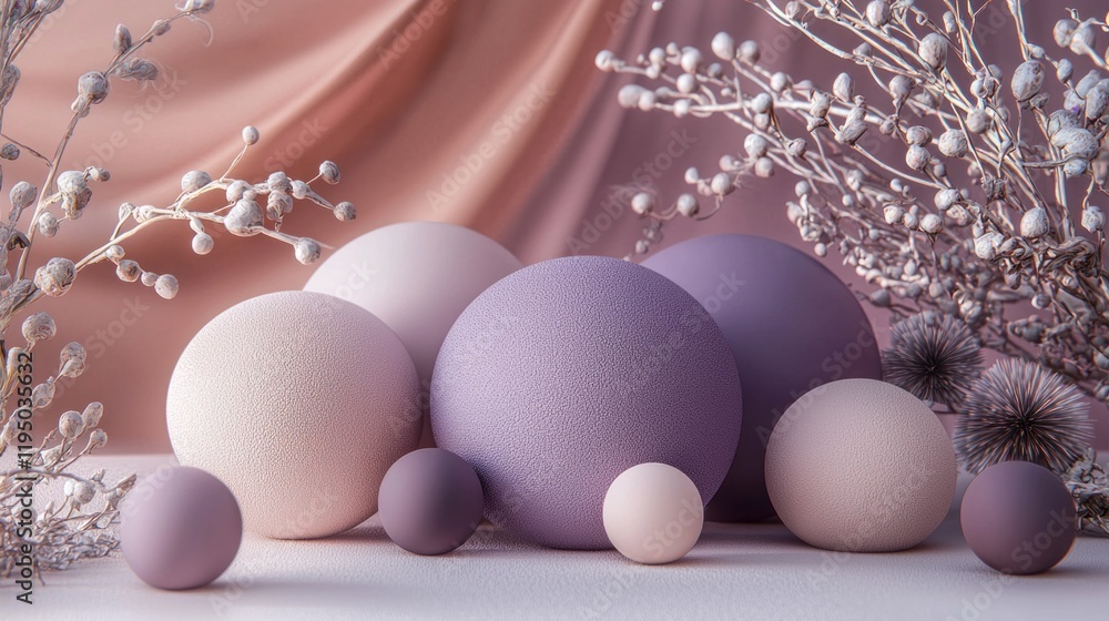 Aufkleber a collection of gradient spheres in soft purple shades rests gracefully on a smooth surface. surroun