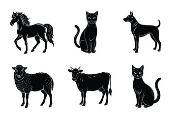 Animal silhouettes set. Domestic animals cat, dog, cow, horse, sheep, goat vector illustration