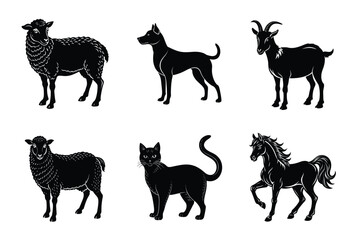 Animal silhouettes set. Domestic animals cat, dog, cow, horse, sheep, goat vector illustration