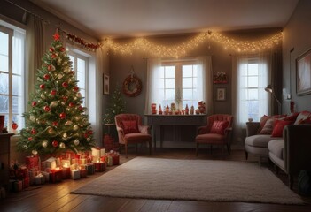 A personless room filled with Christmas decorations and lights, festive decor, , empty room