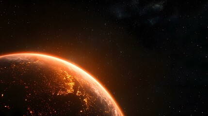 Obraz premium The image shows a view of Earth from space, with the sun setting or rising on the horizon. The Earth's surface is highlighted with an orange glow, showing the lights of cities at night against the d