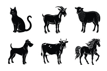 Animal silhouettes set. Domestic animals cat, dog, cow, horse, sheep, goat vector illustration
