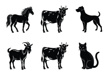 Animal silhouettes set. Domestic animals cat, dog, cow, horse, sheep, goat vector illustration