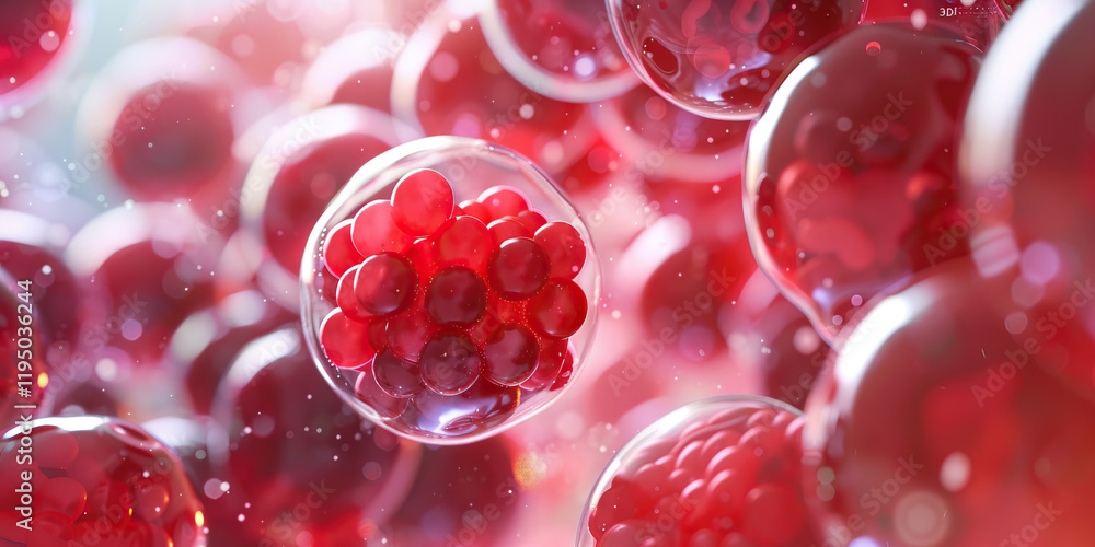 Poster microscopic rendering of translucent spheres containing red spheres