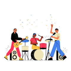 Band Performing With Drummer And Vocalist In Flat Vector Illustration Symbolizing Music, Performance, And Celebration, Isolated On White Background
