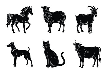 Animal silhouettes set. Domestic animals cat, dog, cow, horse, sheep, goat vector illustration