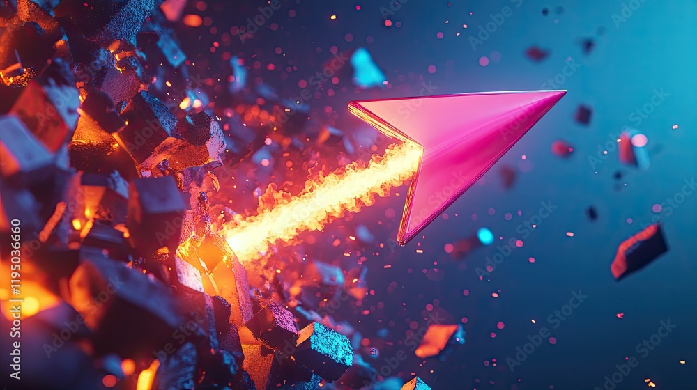 Poster vibrant explosion simulation in 3d with a glowing arrow cutting through, symbolizing breakthrough, a