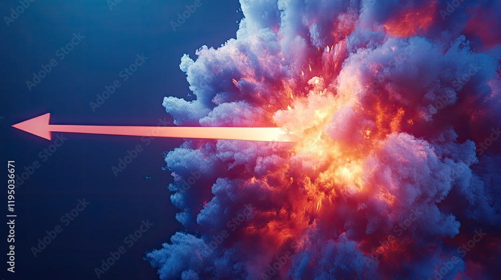 Poster vibrant explosion simulation in 3d with a glowing arrow cutting through, symbolizing breakthrough, a