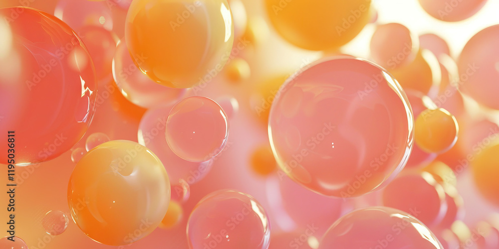 Poster abstract image of overlapping translucent spheres in orange and pink hues