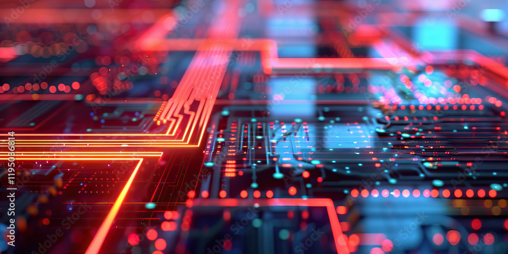 Poster stylized circuit board with illuminated pathways
