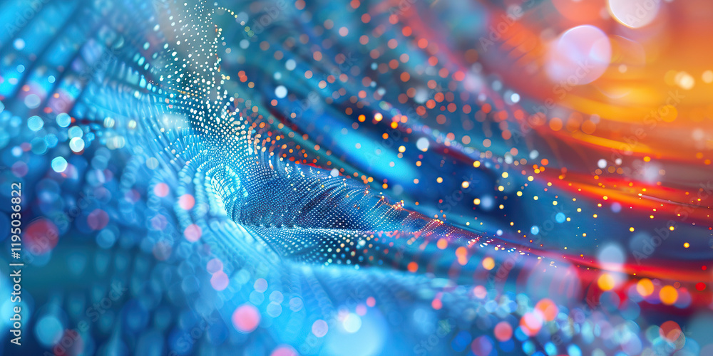 Poster abstract particle wave pattern in blue, orange, and red