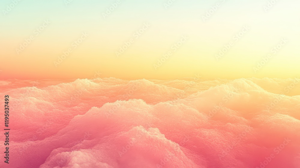 Poster soft pastel gradient clouds create a serene and dreamy landscape transitioning from peach to gentle 