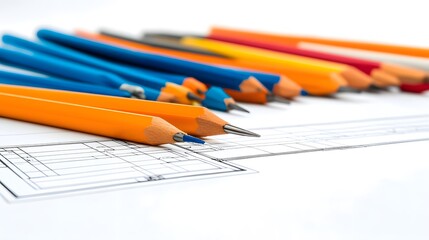 Assorted Colored Pencils and Drawing Tools Arranged on a White Background for Creative Illustration and Design Projects in Art and Education