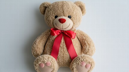 Obraz premium Plush Teddy Bear with Red Ribbon on a Soft White Background