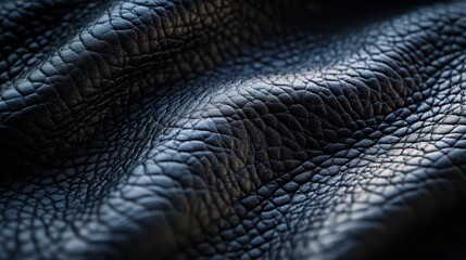 Black leather texture illuminated with soft lighting, showcasing intricate patterns and depth in the material, ideal for design and fashion inspiration