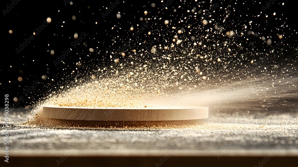 Poster fine particles of wood dust emanating from a circular surface creating a dynamic and artistic visual