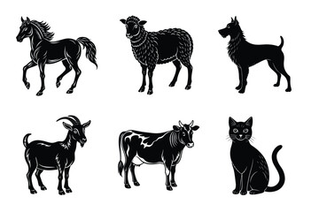 Animal silhouettes set. Domestic animals vector illustration