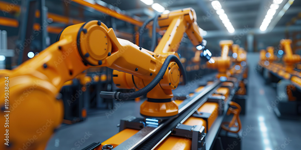 Poster automated assembly line with orange robotic arms