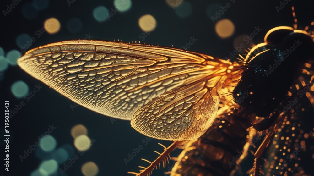 Poster close up of a translucent insect wing with a detailed textured surface on a dark bokeh background