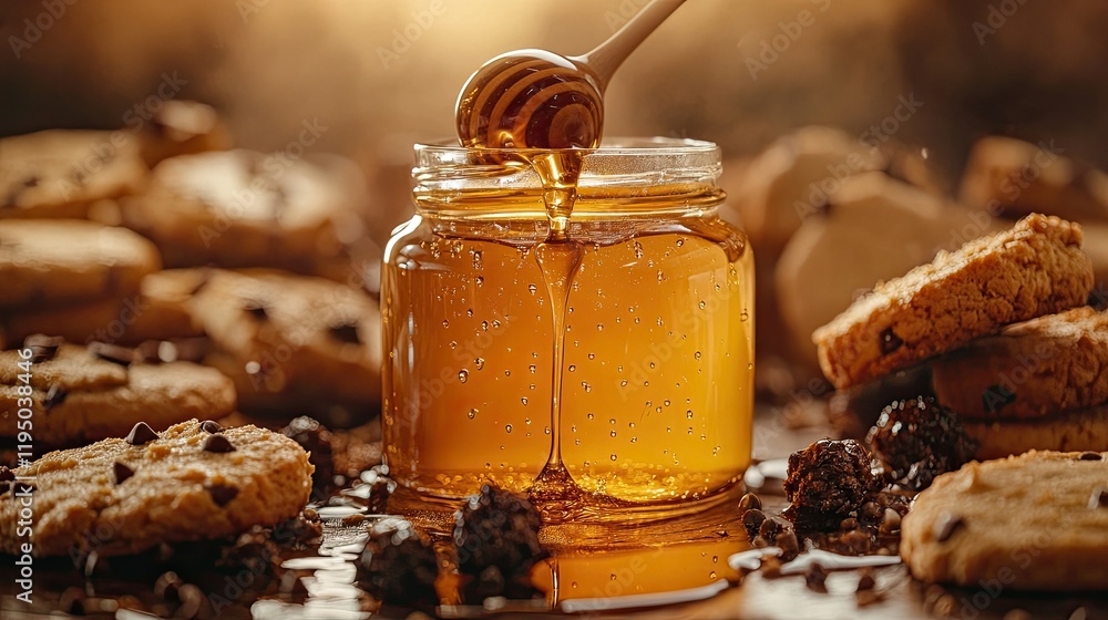 Aufkleber close-up of a dripping honey jar surrounded by cookies and biscuits, sweet vibes with space for text