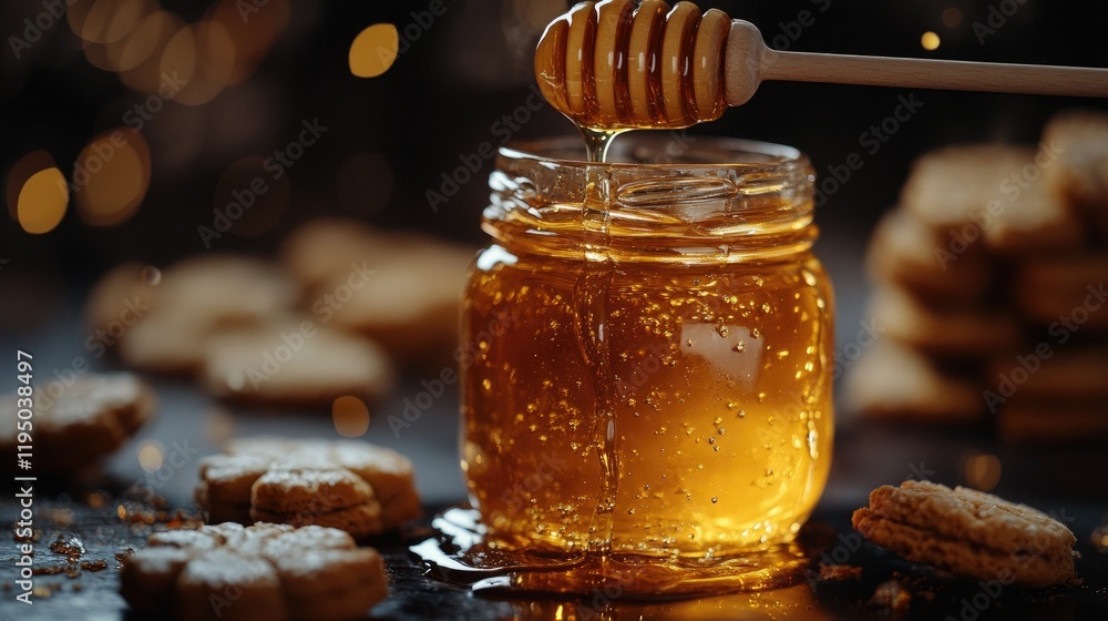 Poster close-up of a dripping honey jar surrounded by cookies and biscuits, sweet vibes with space for text