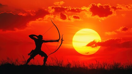 A silhouetted archer aiming at the sunset, symbolizing focus and determination.