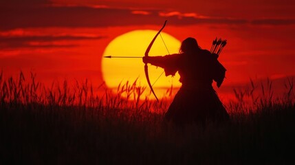 A silhouetted archer aims at the horizon during a vibrant sunset.