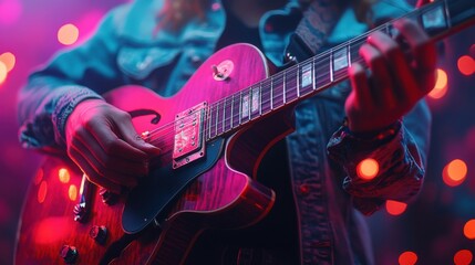 Young Musician Playing Electric Guitar on Stage with Colorful Lights and Vibrant Atmosphere, Capturing Passion and Energy in a Dynamic Performance