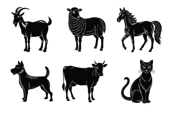 Animal silhouettes set. Domestic animals vector illustration