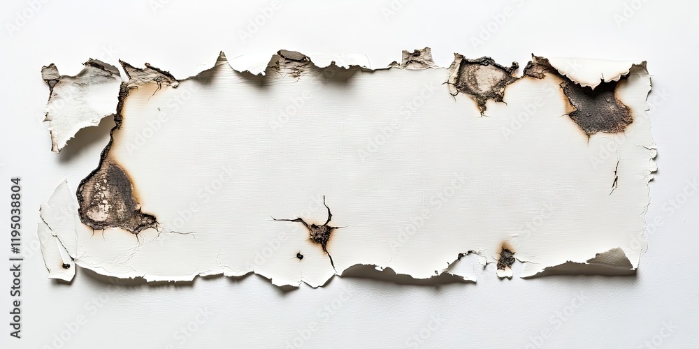 Poster burnt holes in white paper with dark charred edges creating an abstract layout on a blank background