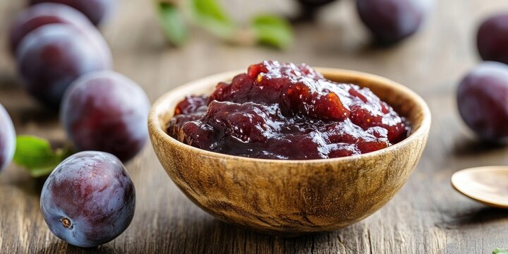 Homemade plum jam in a wooden bowl on a rustic table surrounded by fresh plums and green leaves highlighting natural colors and textures