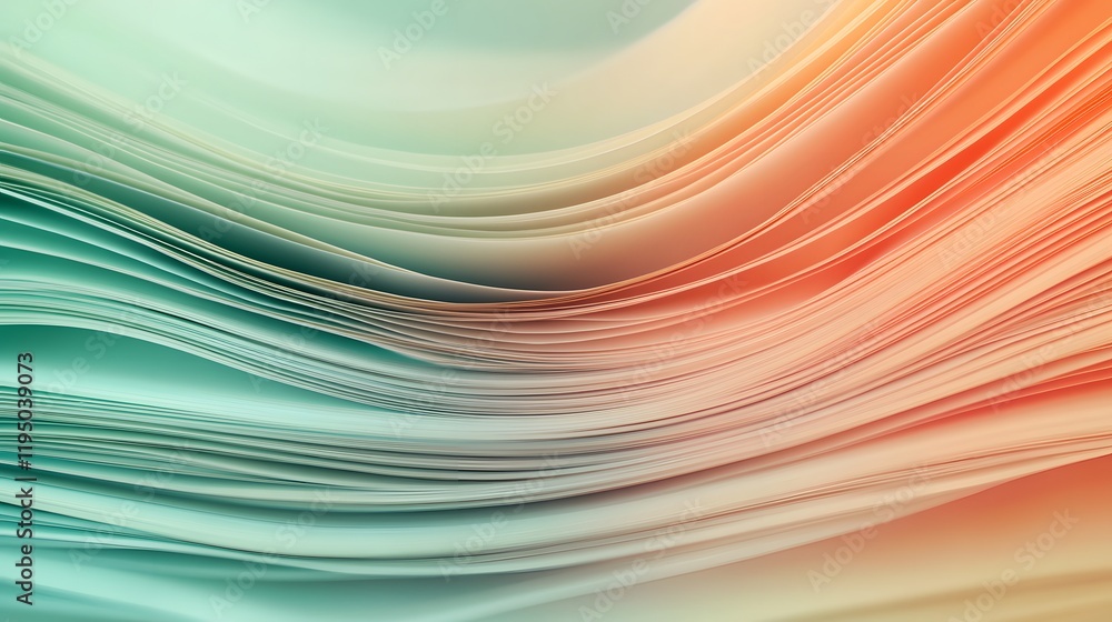 Poster colorful flowing waves of soft paper layers in gradient tones of teal and coral, creating a fluid an