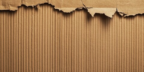 Ripped edge of brown corrugated cardboard background with texture in horizontal position creating a unique decollage effect for design projects