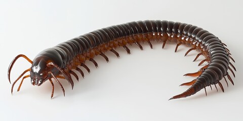Obraz premium Centipede with glossy dark brown body and orange legs positioned on a bright white background showcasing detailed anatomy and texture.