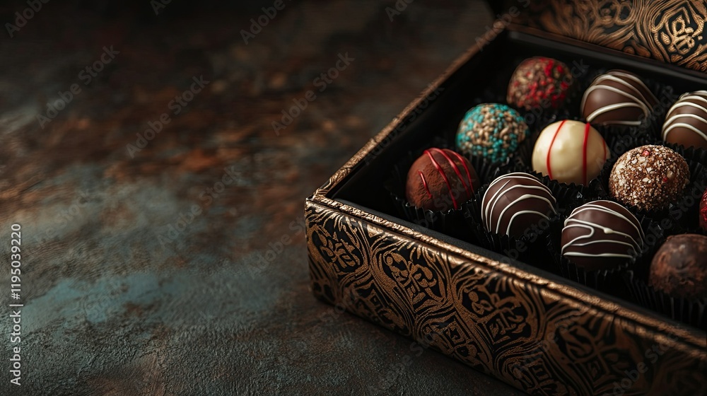 Poster close-up of assorted handmade truffles in a decorative box with ample copy space on the side