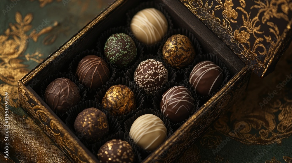 Poster close-up of assorted handmade truffles in a decorative box with ample copy space on the side