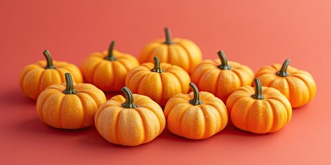 Miniature pumpkins arranged in a cluster on a coral background with selective focus and ample copy space highlighting vibrant orange colors.
