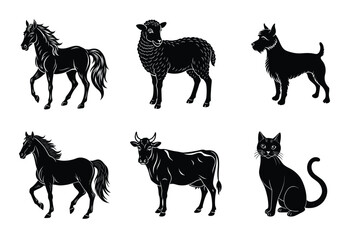Animal silhouettes set. Domestic animals vector illustration