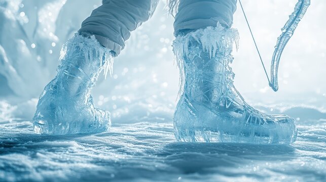 Ice archer stands poised with a shimmering crystal bow in an icy landscape, ready to take aim at a target in a frigid winter setting