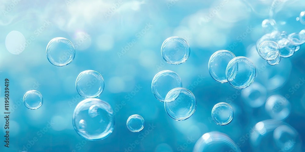 Aufkleber bubbles floating in a serene blue background with soft gradients and ample empty space for text posi