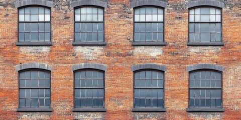 Obraz premium Brick wall with eight arched windows, featuring dark frames and clear glass, showcasing a vintage urban building with rustic red and brown tones.