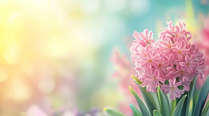 Fototapeta premium Close-up of blooming hyacinths with blurred springtime colors in the background, copy area included